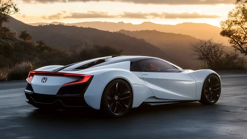 Honda supercar prototype glows against a mountain sunset.