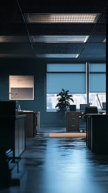 Sunlit corporate office corridor glows in quiet blue tones