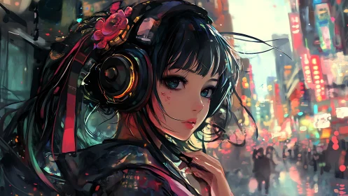 Girl with headphones in neon city street at night.