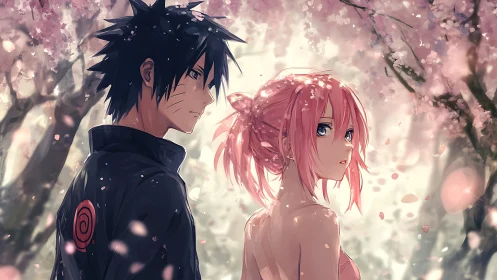 Anime duo beneath luminous cherry blossom particulate field.