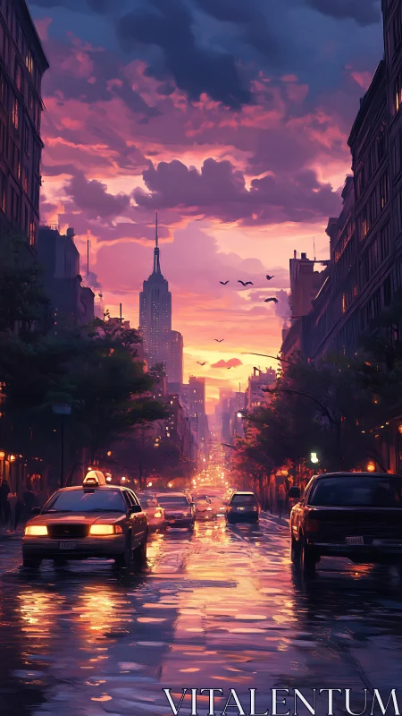 Rain-soaked city avenue shows traffic under layered sunset clouds