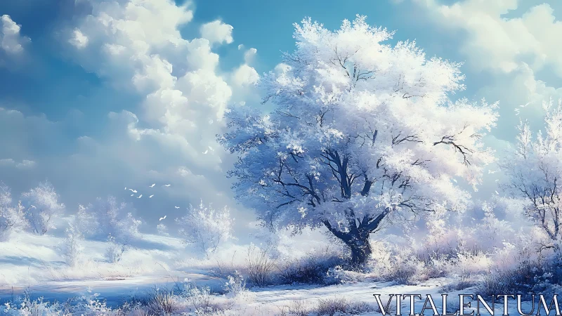Frost laden deciduous tree in luminous winter landscape at dawn