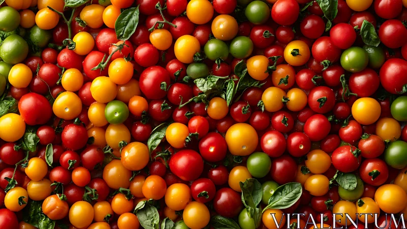 Colorful cherry tomatoes and basil leaves in tight layout.
