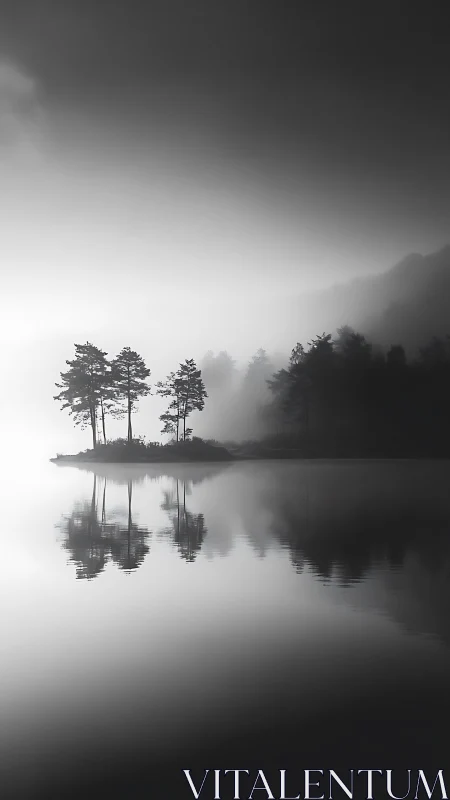 Monochrome lacustrine island with mirrored arboreal silhouettes.