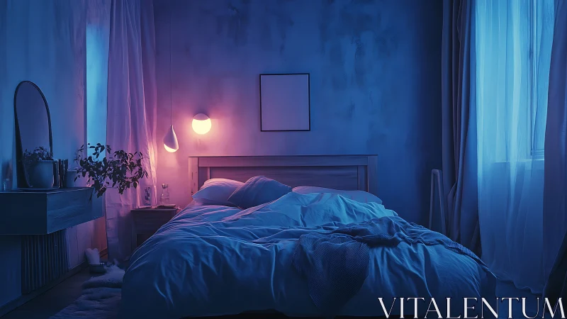 Midnight bedroom sanctuary glowing in soft blue hush.