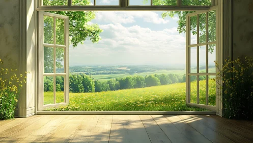 Sunlit interior threshold opening onto stratified rural horizon.