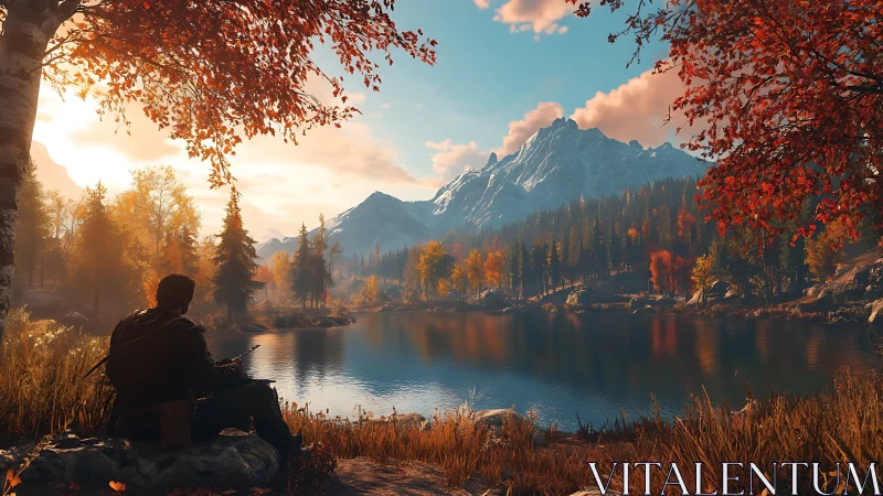 Solitary hiker contemplates autumn lake beneath snowy peaks