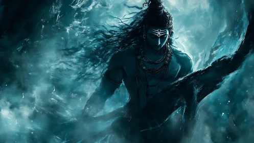 Blue-toned digital figure emerges from abstract swirling mist