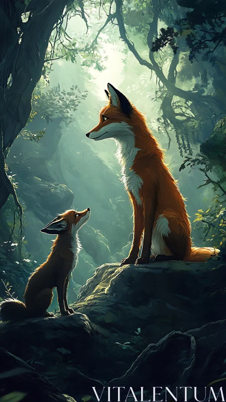 Two foxes stand on mossy rocks in a dense forest scene