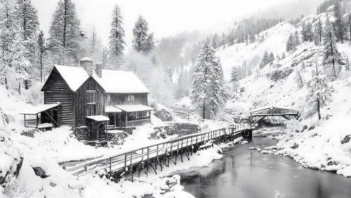 Snowy riverside cabin and bridges in a quiet winter valley.