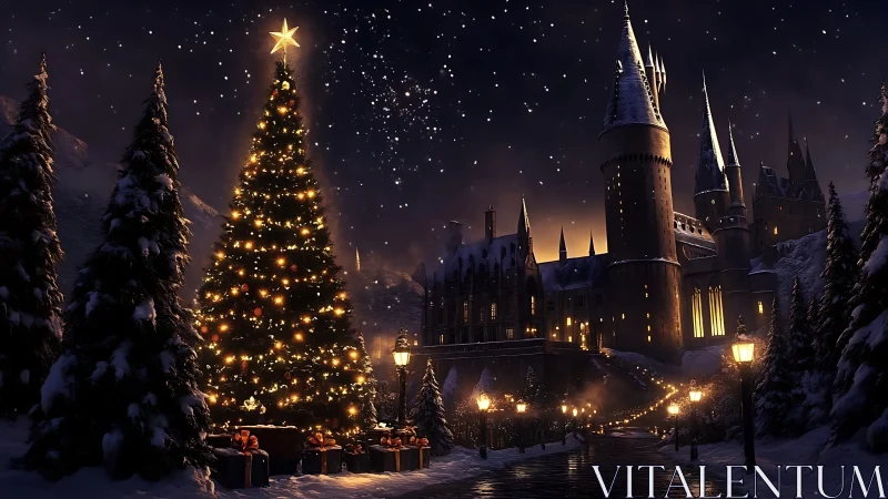 Enchanted castle Christmas eve under star-swept winter sky.