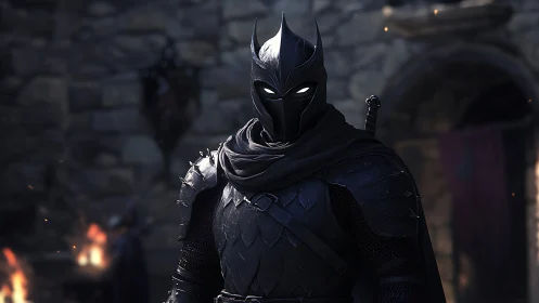 Mysterious dark knight standing watch in a quiet stone keep.