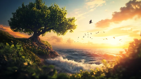 Coastal tree stands over illuminated sea horizon at sunset