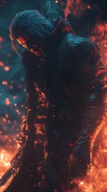 Digital figure in coat stands amid contrasting fire and smoke