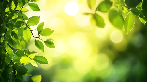 Fresh green leaves in sunlight, nature background with bokeh effect.