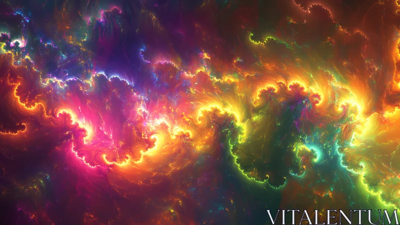 Cosmic fractal storm ignites swirling neon auroras of light.