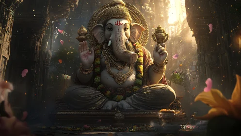 Majestic Ganesha statue in ornate temple bathed in light.