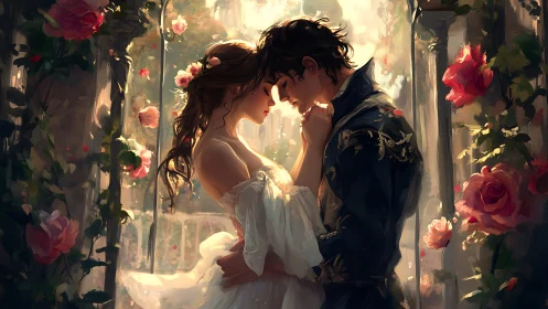 Luminescent Romantic Encounter: Two Figures Amid Blooming Rose Garden.