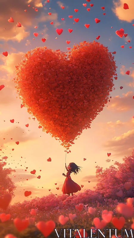 Girl Holding Giant Heart-Shaped Balloon at Sunset.