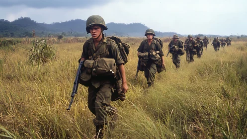 Infantry soldiers conduct field movement through tall grasslands