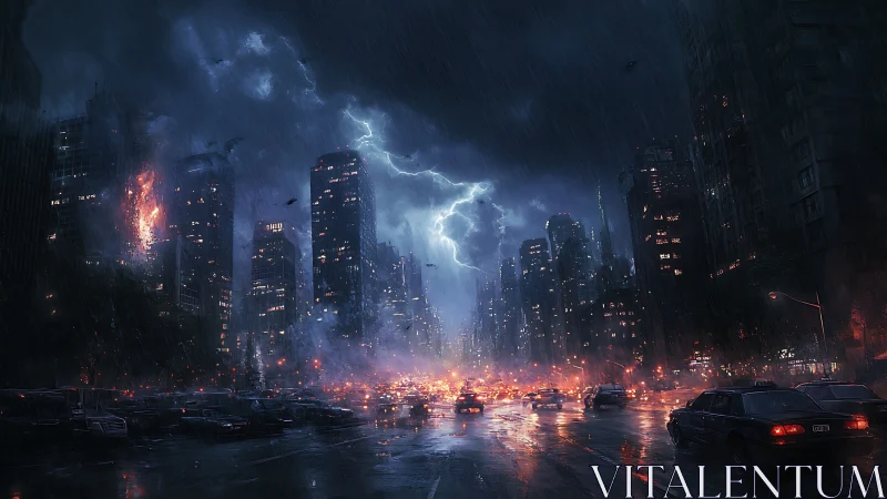 Nighttime urban avenue under storm with burning high-rise.