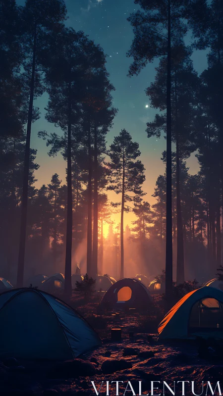 Nocturnal Forest Encampment: Illuminated Geodesic Dome Tents Under Starlit Canopy