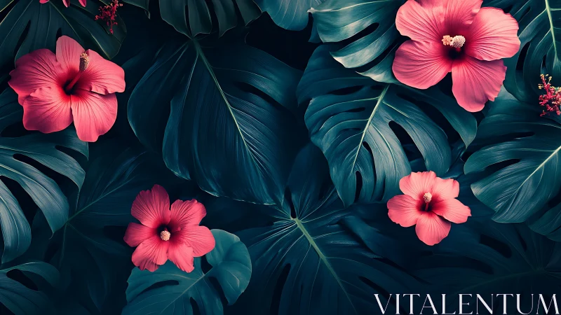 Crimson Hibiscus Dance: Tropical Blooms Meet Teal Foliage.