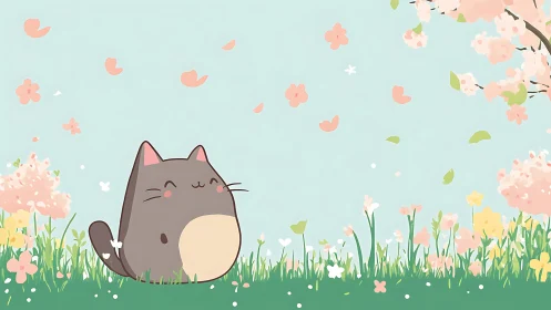 Smiling chubby cat sits under soft pink spring blossoms