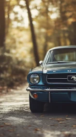 Classic blue coupe front view on forest road in autumn.