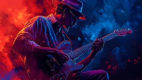 Silhouetted guitarist plays electric guitar amid split-color field