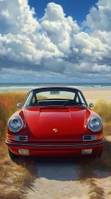 Sunlit red classic Porsche rests proudly by a quiet beach