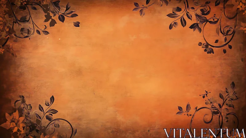 Orange textured background integrates dark floral corner motifs
