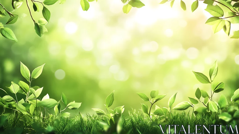 Sunny Nature Background with Green Leaves and Grass, Soft Focus.