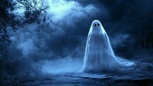 Ghost figure drifts through fog on moonlit forest path.