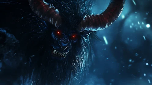 Demonic horned creature rendered with cold blue backlighting and glare