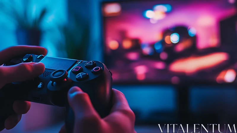 Neon-soaked gamer hands steering a glowing digital universe.