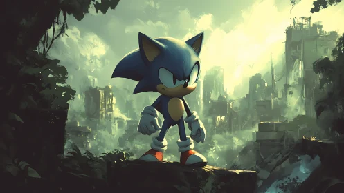 Blue speedster stands brave in a misty ruined cityscape.