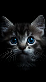 Striking gray and white cat with intense blue eyes against black background.