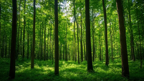 Verdant Cathedral: Towering trees frame sunlit forest floor.