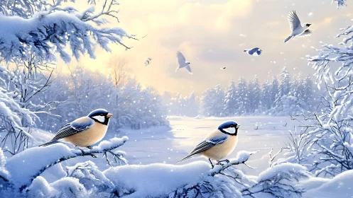 Two small birds sit on snow covered branches in winter