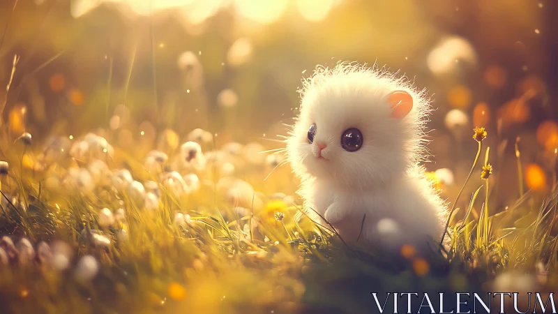 Fluffy white creature in warm glowing meadow light.