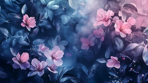 Pink and Blue Fantasy Flowers Digital Artwork.