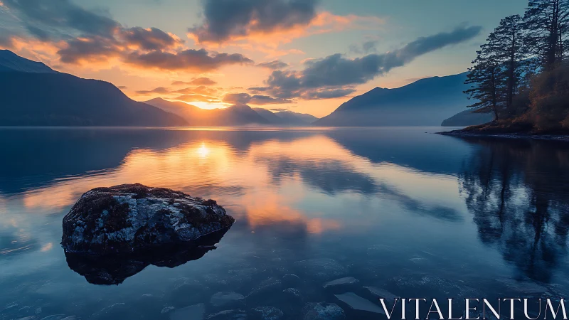 Rock of stillness under sunrise-silvered mountain reflections.