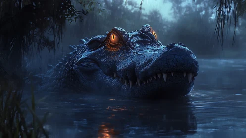 Bioluminescent-eyed crocodile surfaces in rain-soaked swamp at dusk