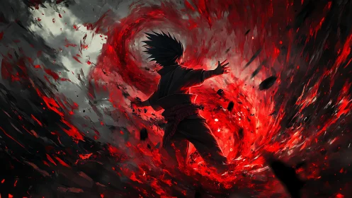 Dark figure controlling swirling red energy vortex.