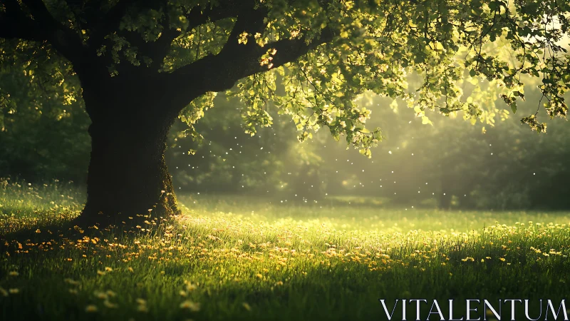 Sunlit tree canopy over meadow with airborne particles.