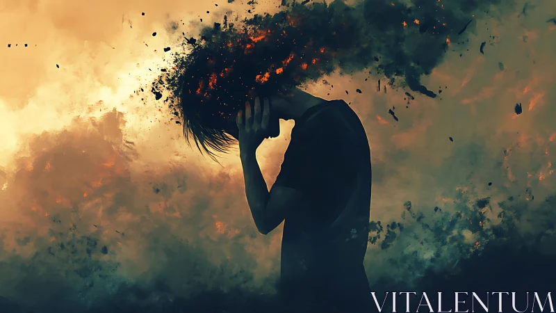 Silhouette with dissolving head amid dense smoke field.