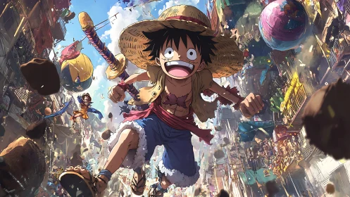 Energetic straw-hatted hero sprinting through crowded festival street.