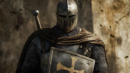 Armored medieval knight with shield and sword outdoors.