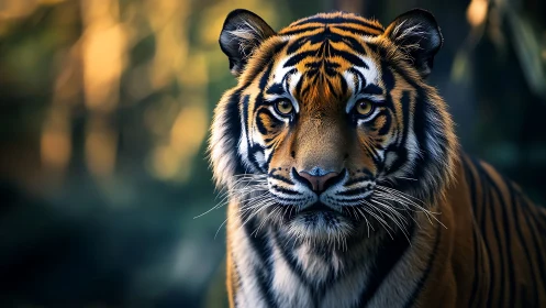 Tiger portrait in soft forest light with focused expression.